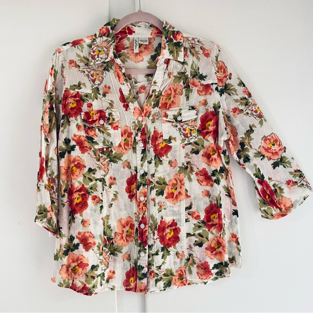 Love Potion Floral Lightweight Button-Up Blouse Fall Vibrant Coral Green Pintuck - Picture 4 of 8